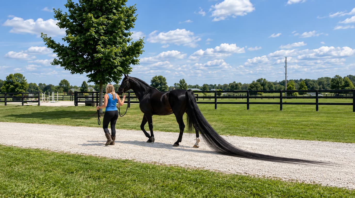 Una mujer con blusa azul guía a un caballo negro por un camino de grava en una granja soleada, con su cola larguísima arrastrándose detrás.