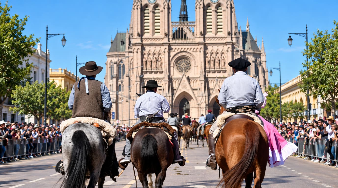 Gauchos con boina y sombrero de ala ancha cabalgan sobre pelegos hacia la basílica gótica de Luján, mientras el público mira desde las vallas.