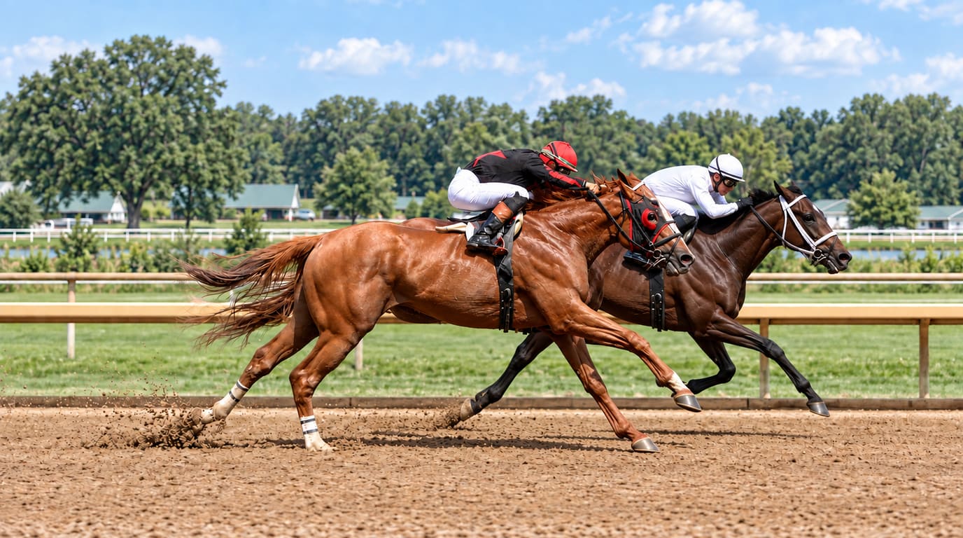 Dos caballos de carrera galopan cabeza a cabeza en una pista de arena: un alazán montado por un jinete de seda negra y roja y, justo al lado, un castaño oscuro con un jinete de blanco.