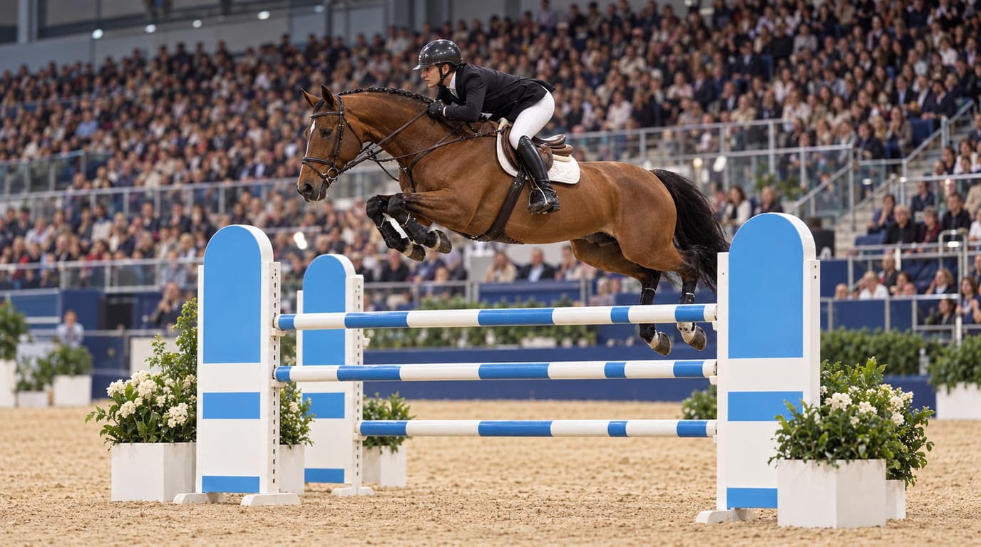 A rider in a black jacket and white breeches clears a blue and white show jumping fence on a bay horse in front of a packed indoor arena crowd.