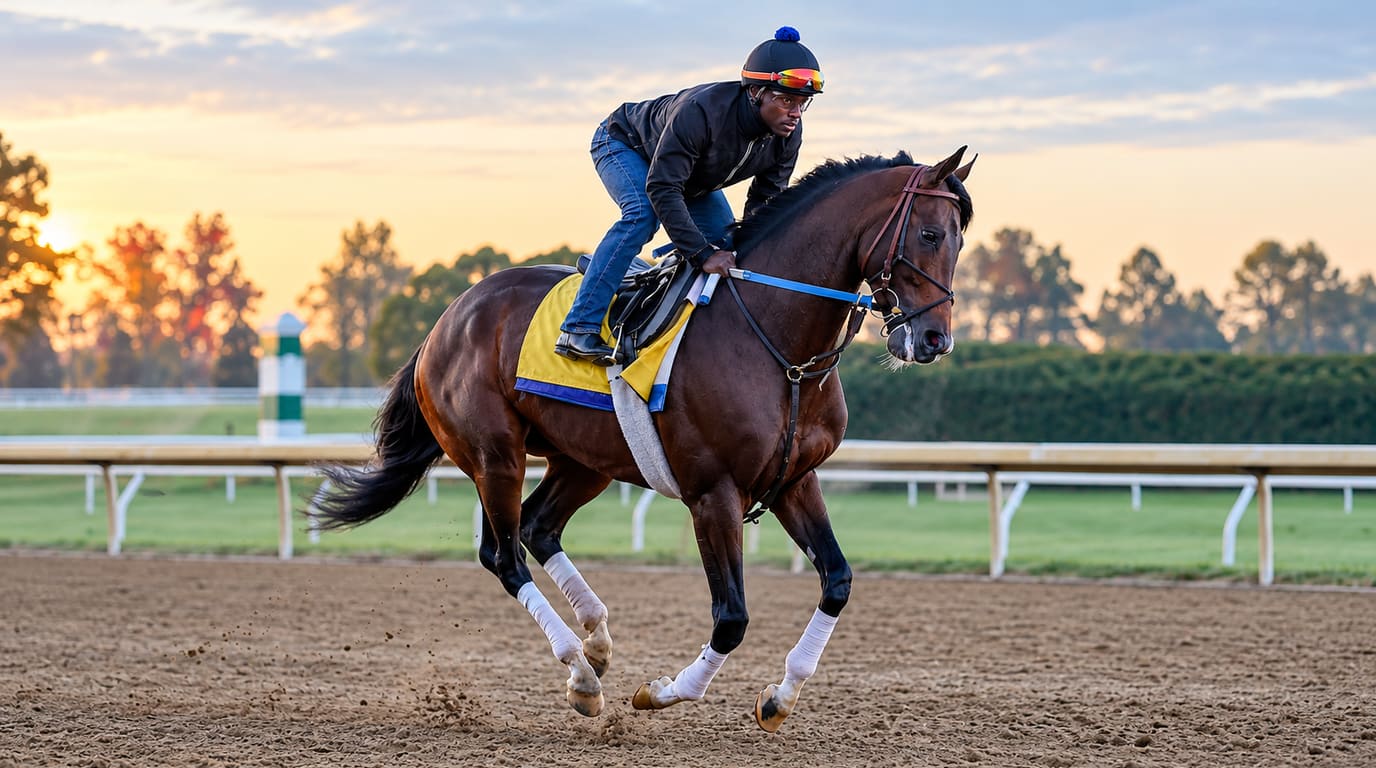 Un jinete de entrenamiento con chaqueta negra y jeans galopa un caballo bayo con vendas blancas y mantilla amarilla en una pista de arena al amanecer.