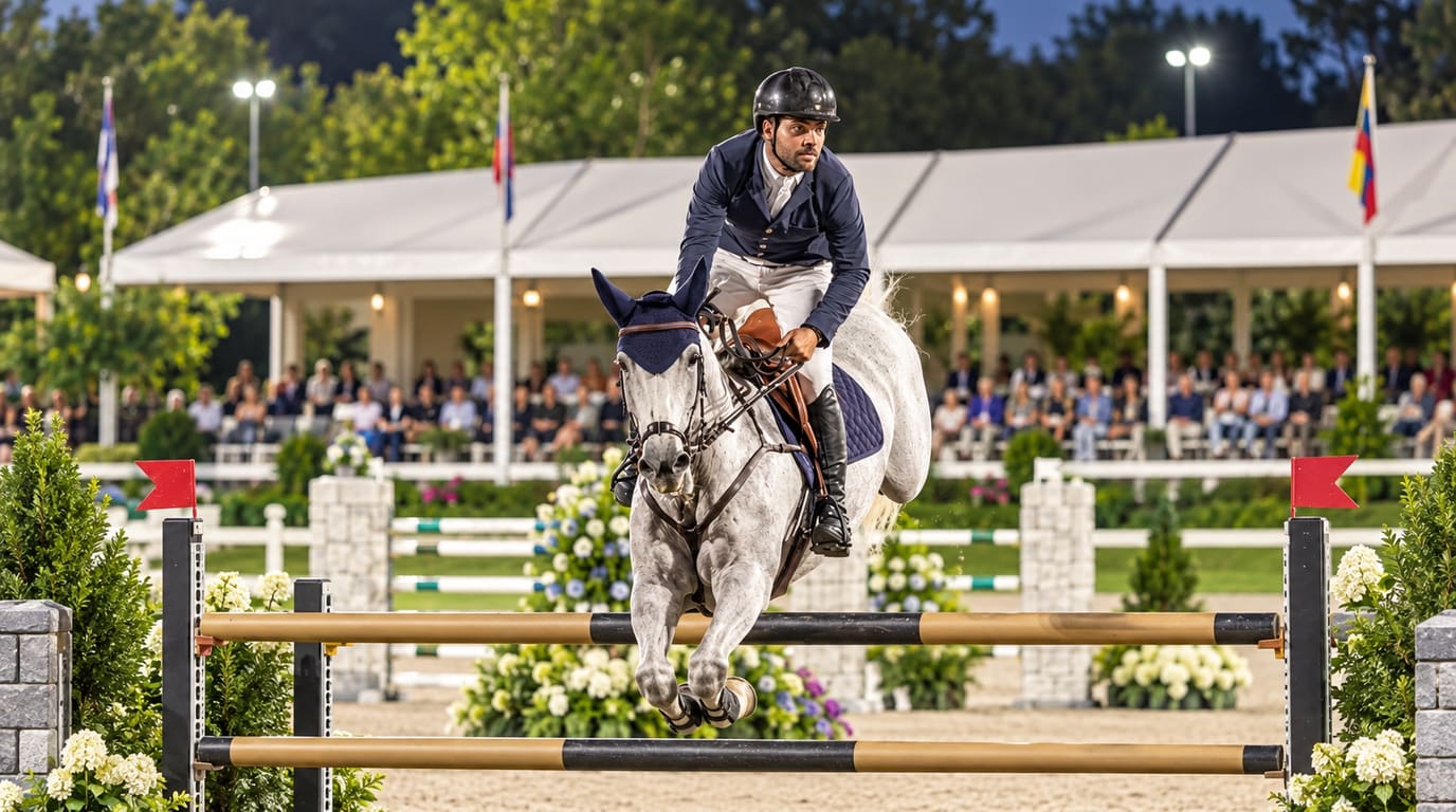 A rider in a navy jacket and black helmet jumps a grey horse over a rail fence at a floodlit evening show, with spectators under a white tent behind.