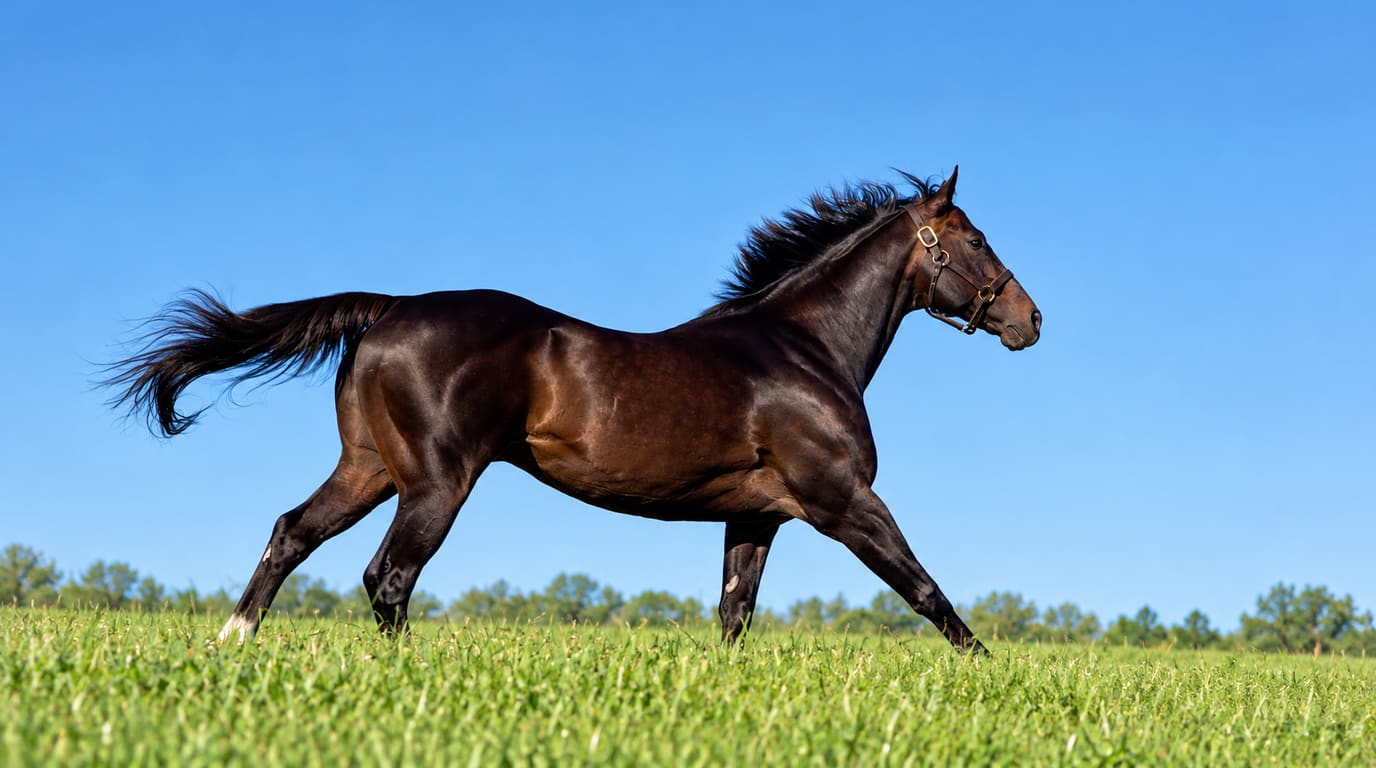 Dark bay stallion in a leather halter trotting across a green grass field with his tail raised, under a clear blue sky with trees on the horizon.