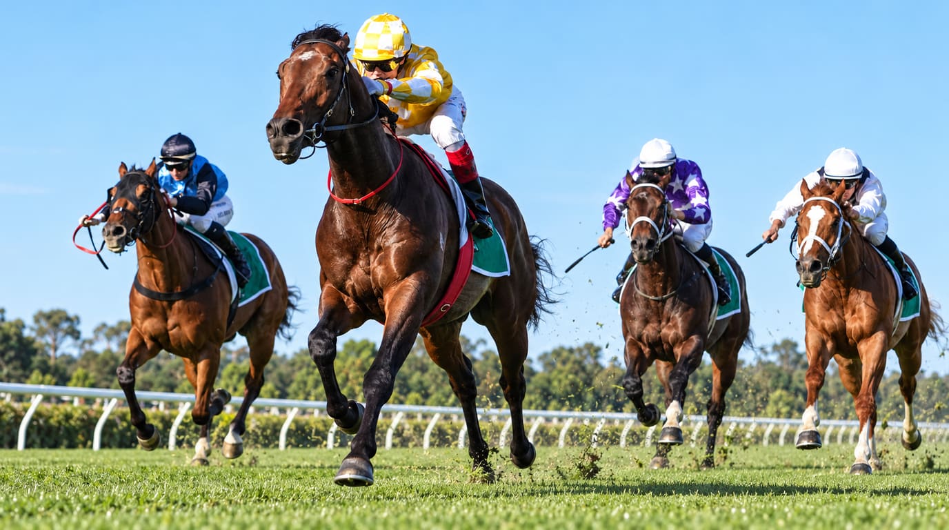 A jockey in yellow and white silks drives a dark bay horse clear down the turf, with three rivals spread out behind under a blue sky.