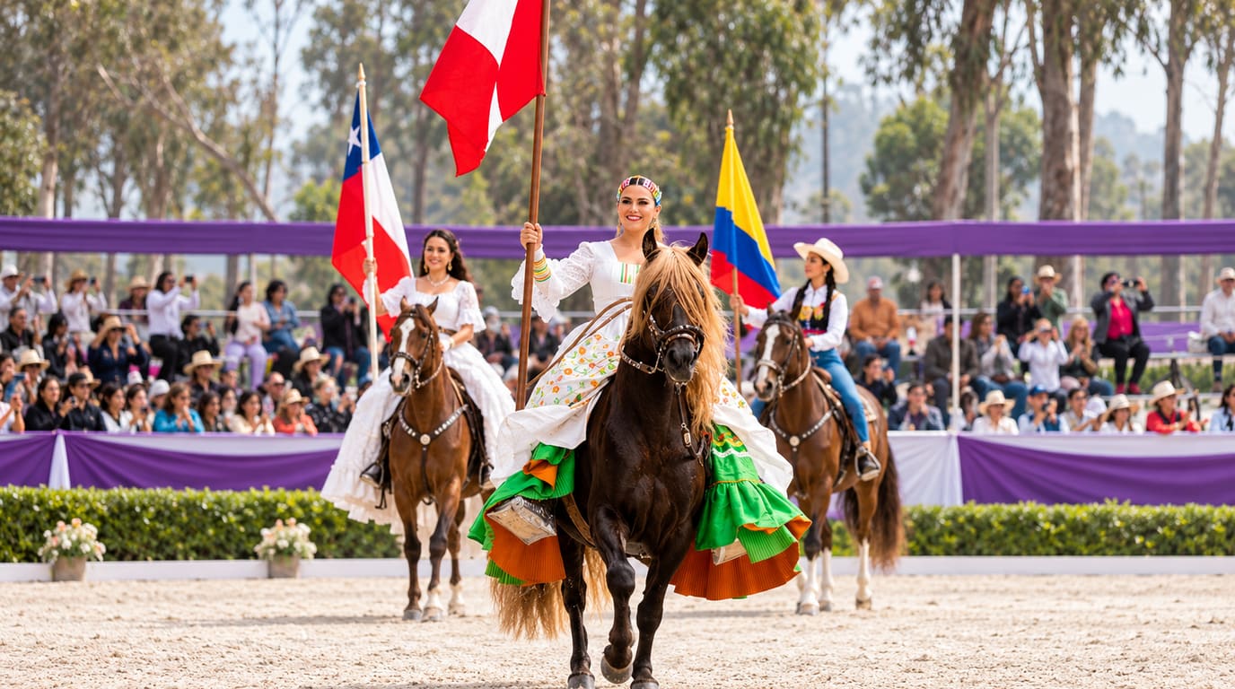 Smiling rider in a white and green marinera dress carries a flag on a dark Peruvian Paso horse, with flag-bearers on horseback and spectators behind.
