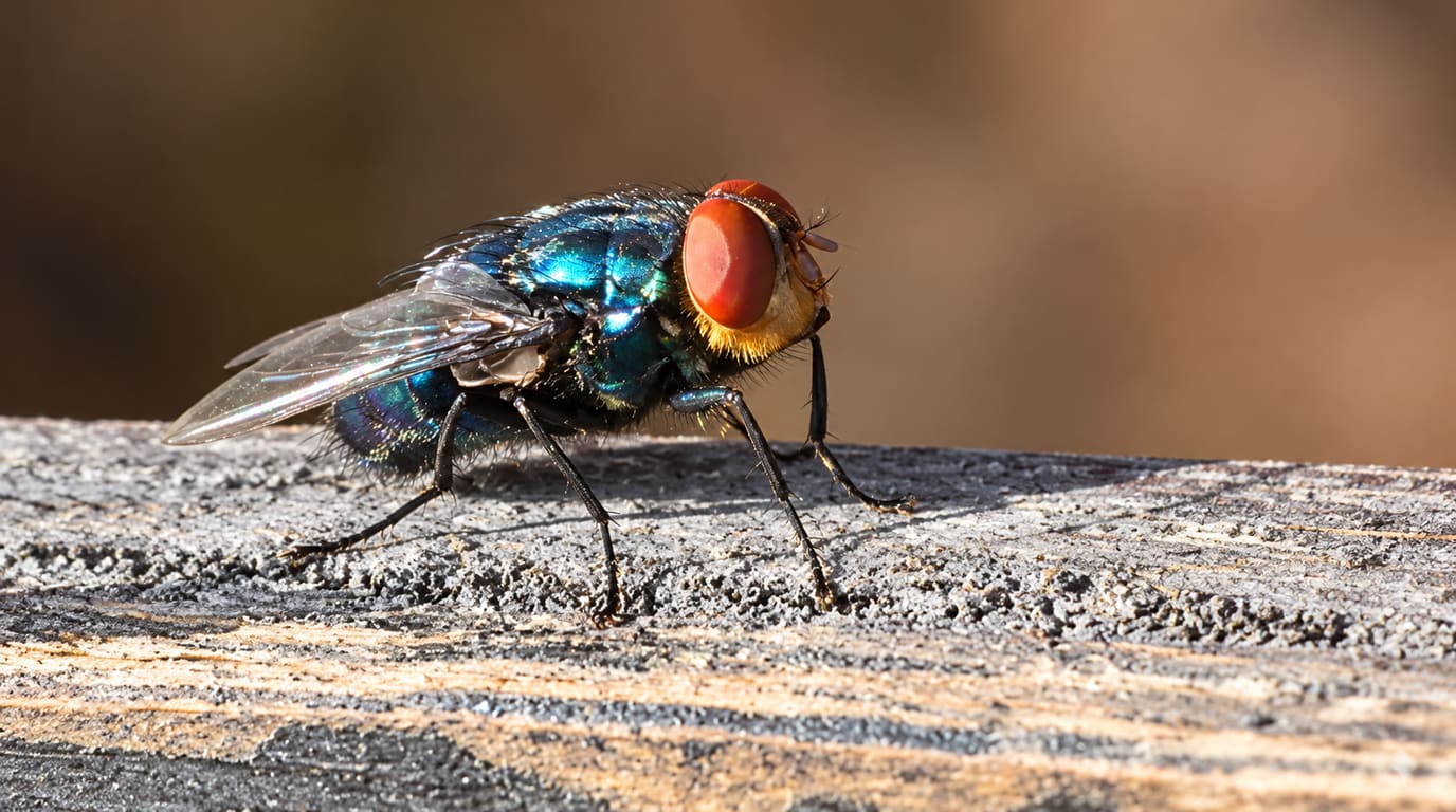 Macro close-up of a metallic blue-green fly with large orange-red eyes standing on a weathered wooden rail in warm sunlight.