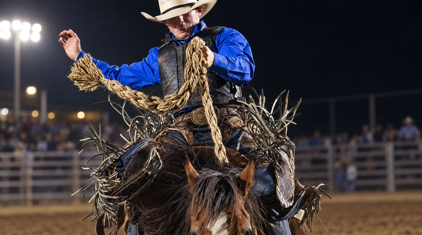 A saddle bronc rider in a blue shirt, leather vest and fringed chaps grips a braided rein atop a bucking horse at a night rodeo.