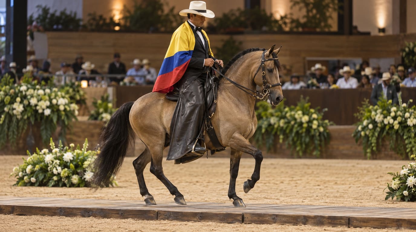 A rider draped in the Colombian flag sits tall on a dun criollo horse stepping across a wooden sounding board in a show arena lined with flowers.