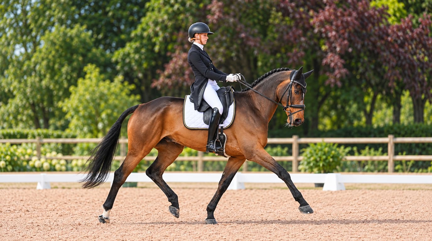 Rider in a black tailcoat and white breeches on a bay horse with a braided mane, trotting across a sand dressage arena lined with trees.