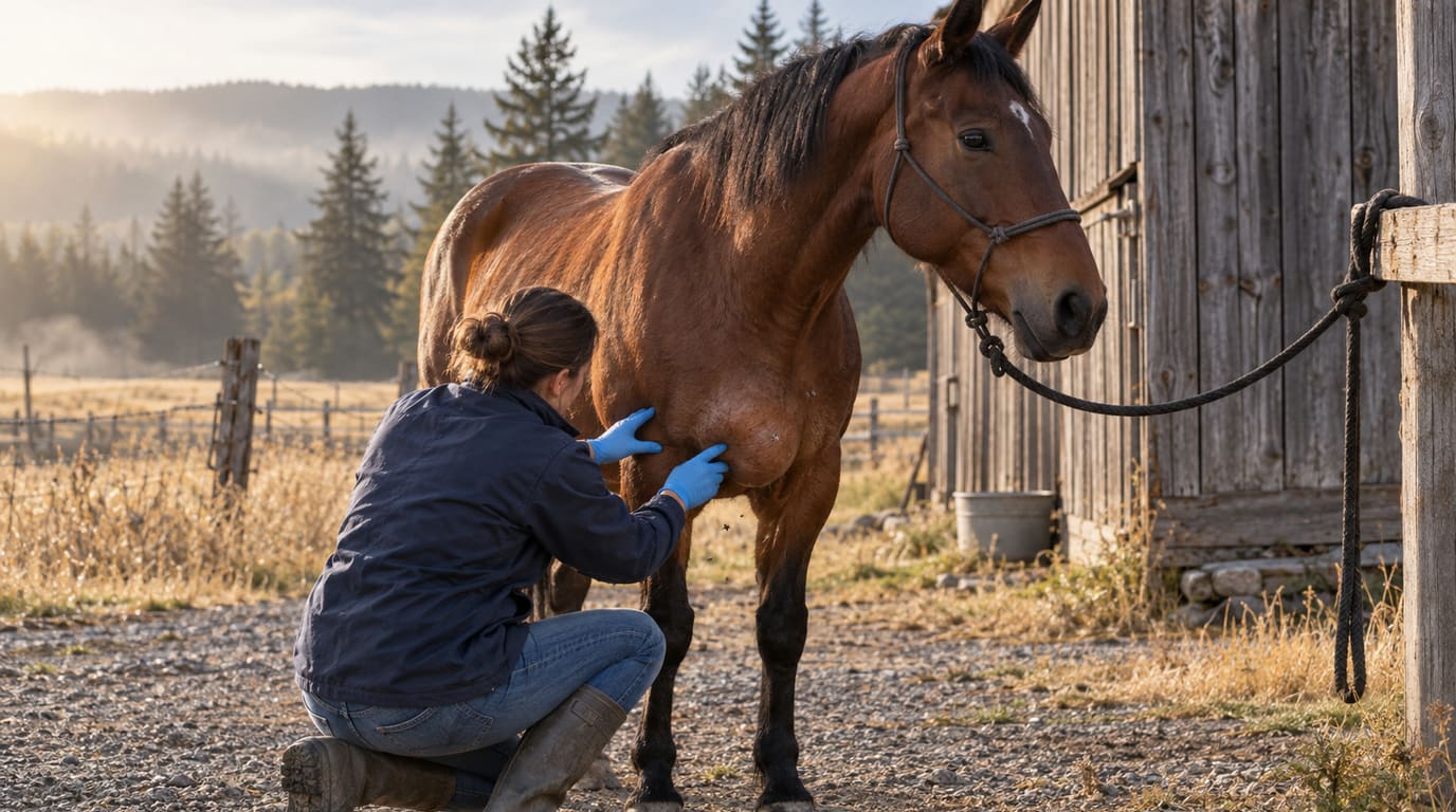 A kneeling veterinarian in blue gloves examines a swelling on a bay horse's chest, which is tied beside a weathered barn on a misty autumn morning.