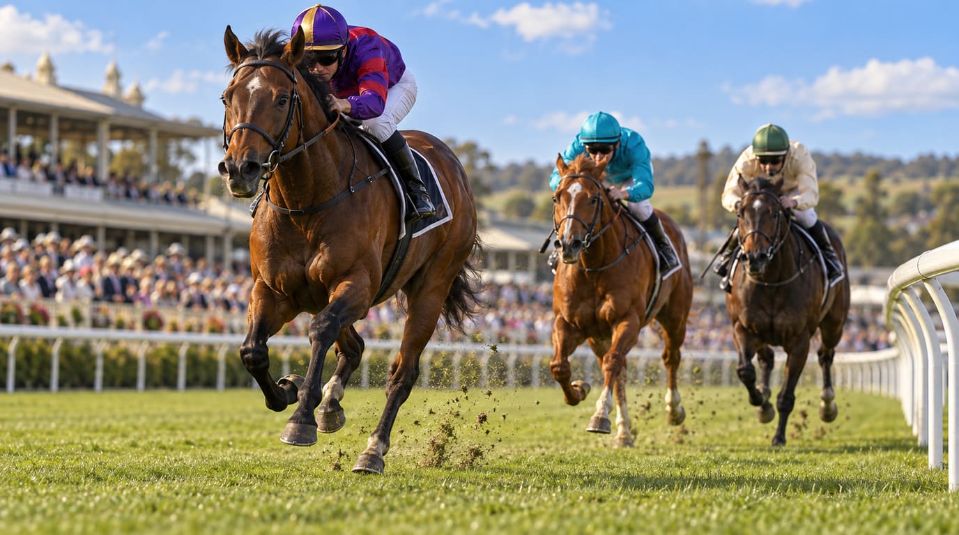 Un caballo de carreras castaño con una estrella blanca, montado por un jockey de chaquetilla morada y roja, galopa por delante de dos rivales en la pista de césped.