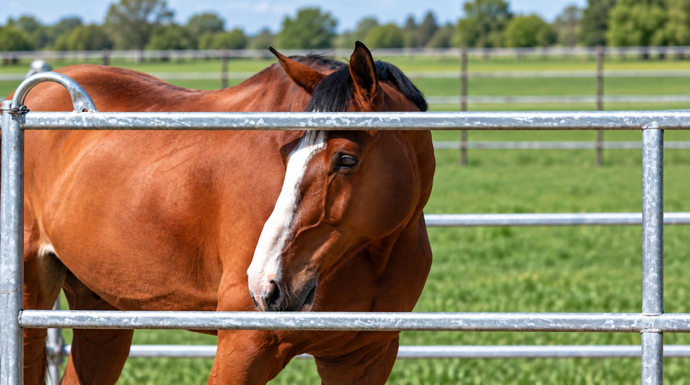 A bay horse with a white blaze stands behind a galvanized metal pasture gate, head turned toward the camera, with green fields and fencing behind.