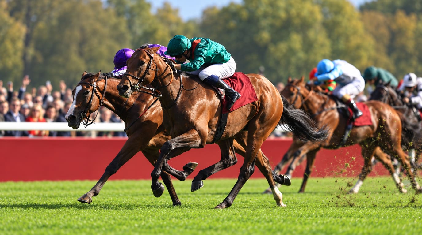 Two bay racehorses battle head to head on green turf, one jockey in green silks and one in purple, with more runners and a crowd behind.