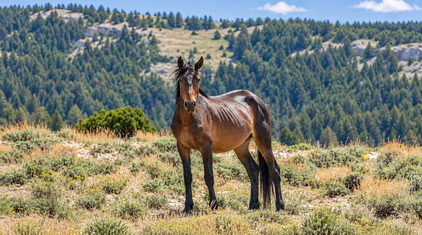 Thin bay wild horse with a dark mane standing on a sagebrush ridge facing the camera, with pine-covered hills and blue sky behind it.