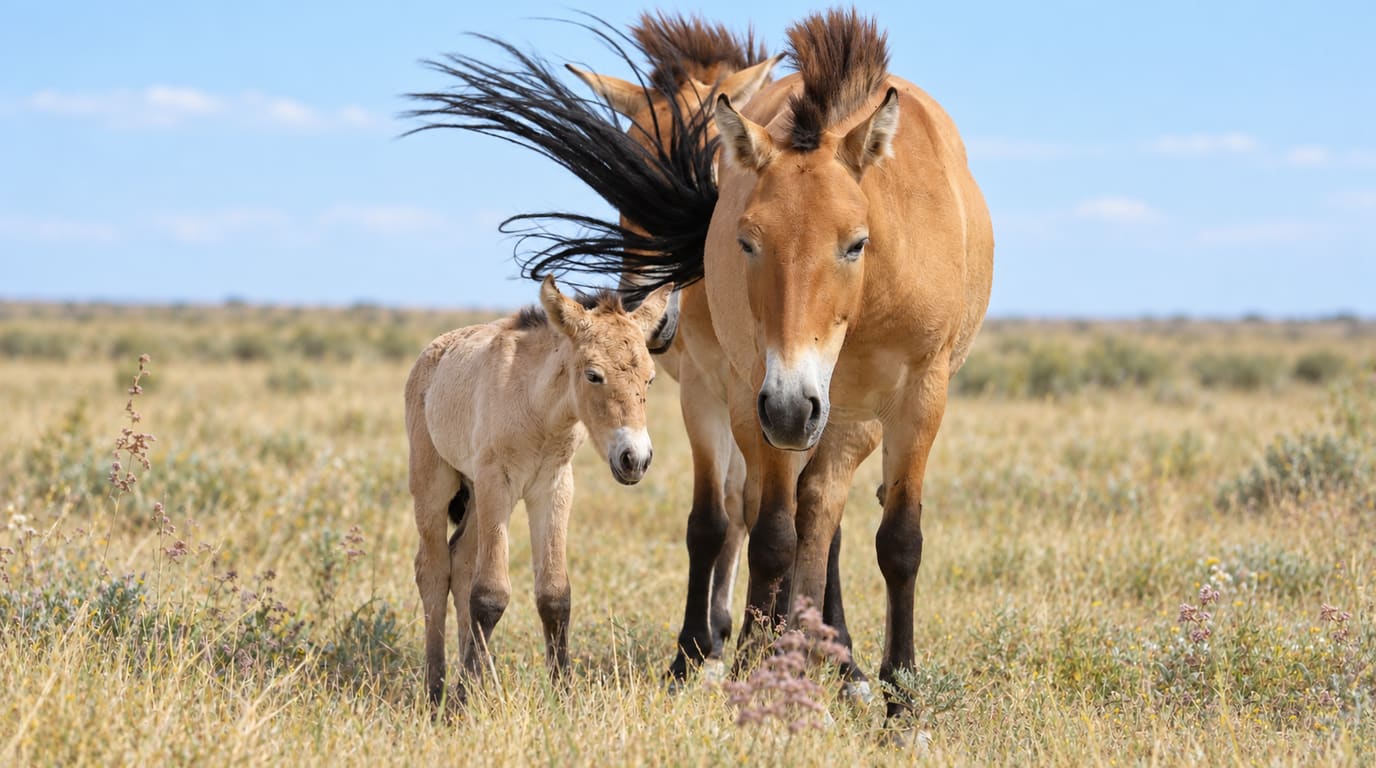 A Przewalski's horse mare with an upright dark mane stands beside her pale newborn foal on the grassy steppe as another horse swishes its tail.