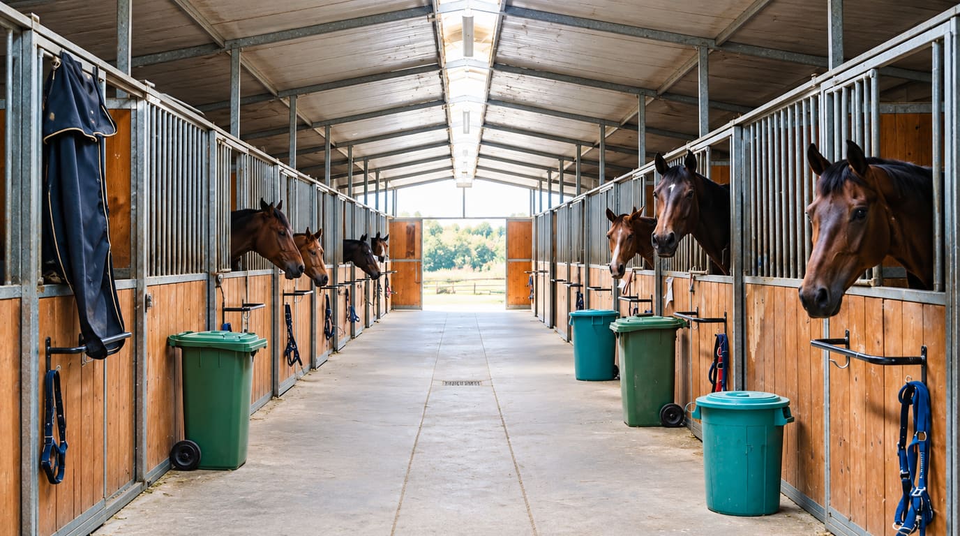 Caballos bayos y alazanes asoman la cabeza por las puertas de sus boxes a ambos lados de un pasillo de establo luminoso, con botes verdes y cabezadas colgadas.