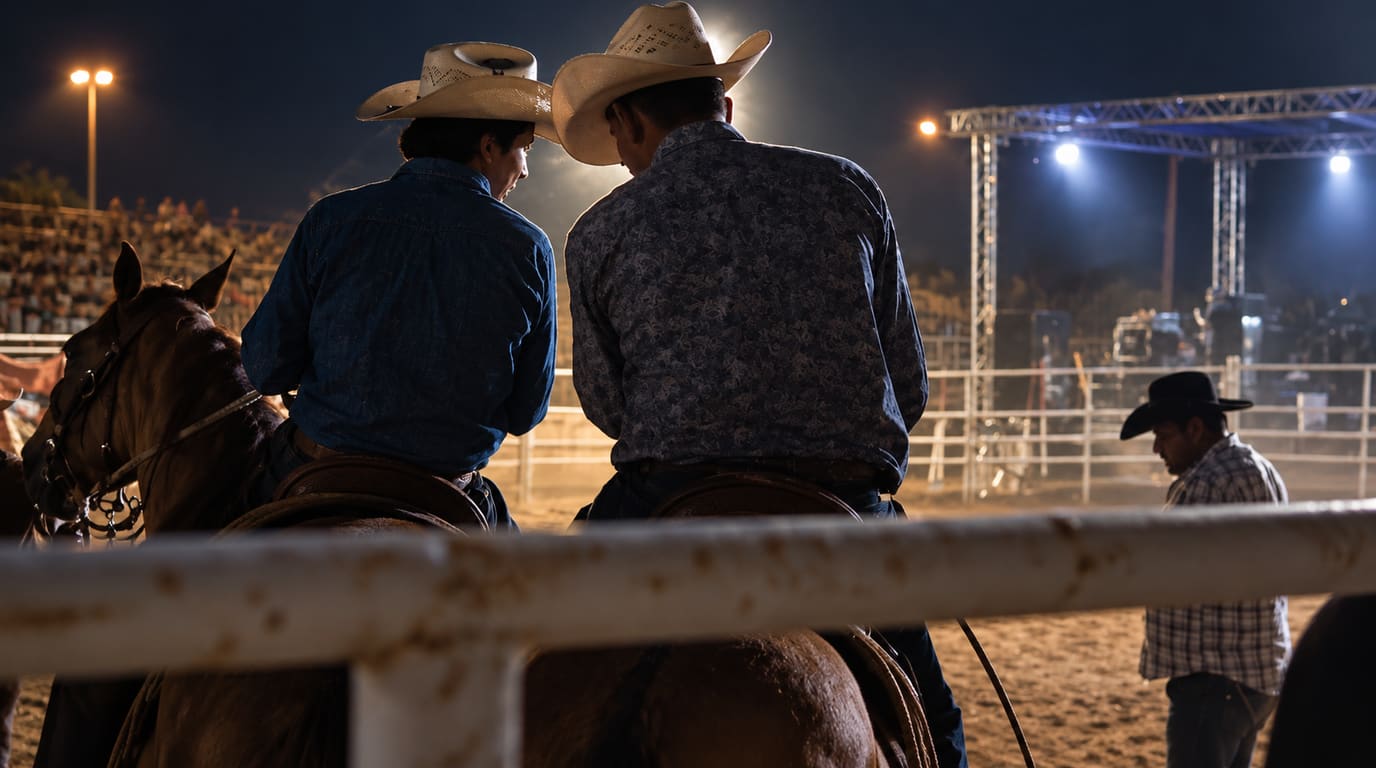Two riders in straw cowboy hats sit on horses behind a white arena rail at night as a man in a black hat stands in the lit rodeo ring.