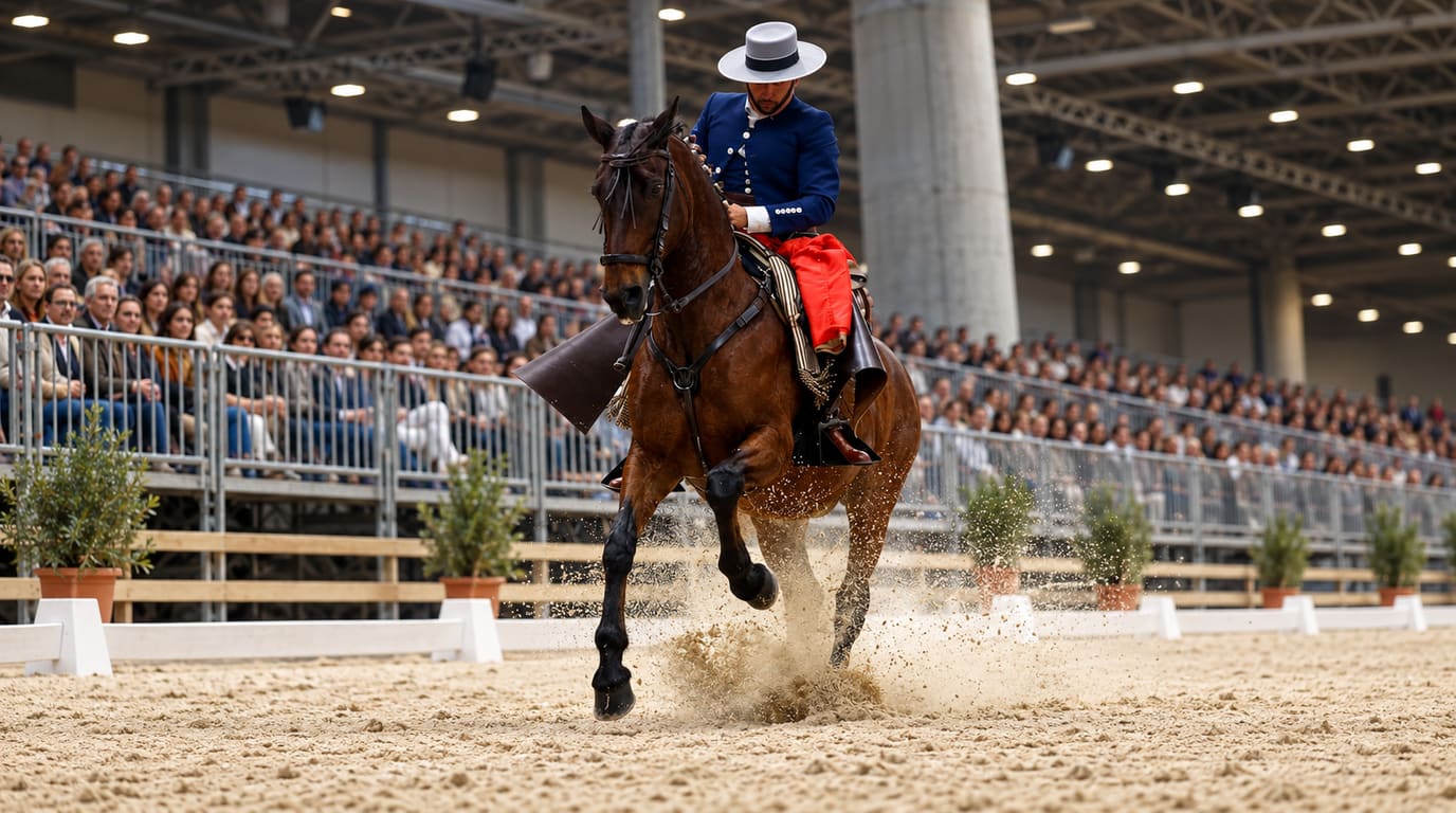 A rider in a navy jacket and gray wide-brimmed hat gallops a bay horse across a sand arena, kicking up dust before packed stands.
