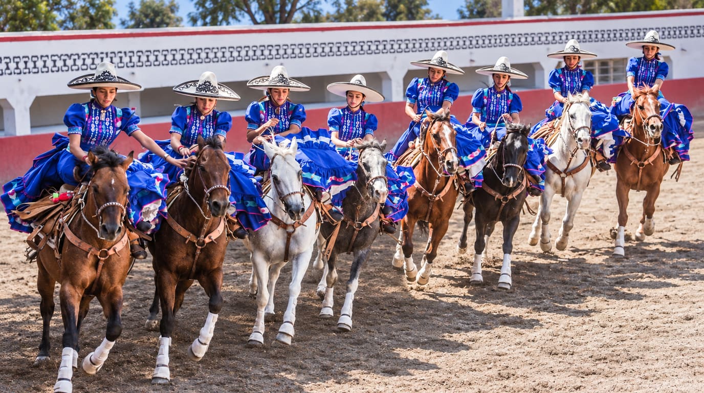 Eight escaramuza riders in blue ruffled dresses and wide sombreros ride side-saddle in a tight line across a sunlit charro arena.