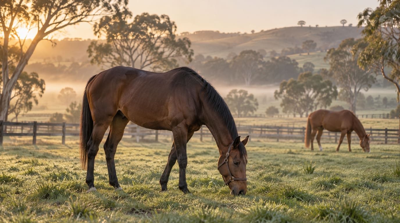 A bay Thoroughbred in a leather headcollar grazes in a misty green paddock at sunrise, with a chestnut horse, gum trees and timber fencing behind.