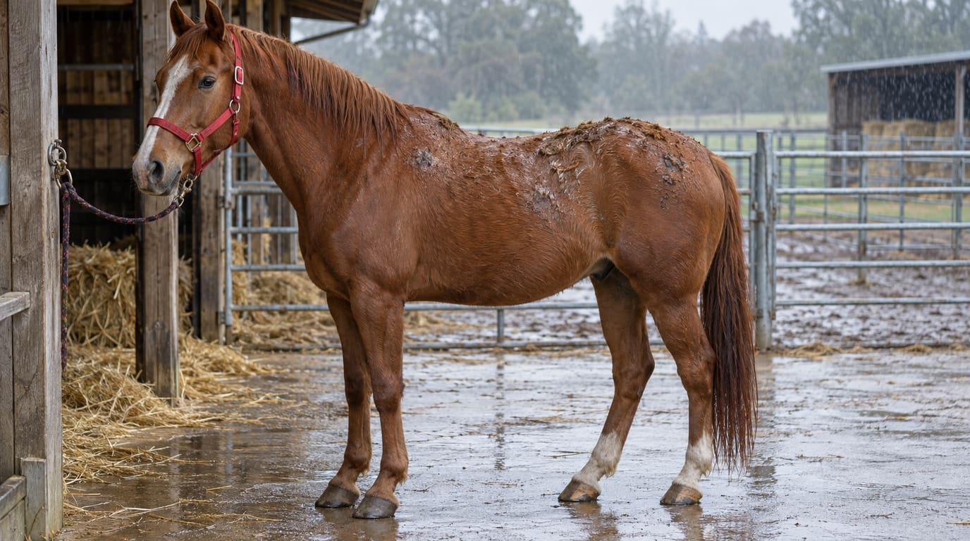 A chestnut horse in a red halter stands tied outside a barn on a rainy day, crusty tufts of rain rot visible along its back and rump.