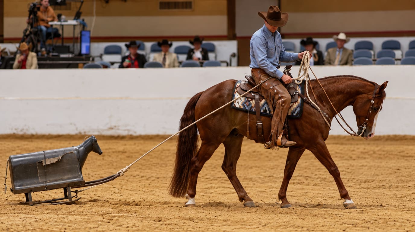 A rider in a blue shirt and chaps guides a chestnut horse at a walk, dragging a cow-shaped sled across the sand of an indoor arena.