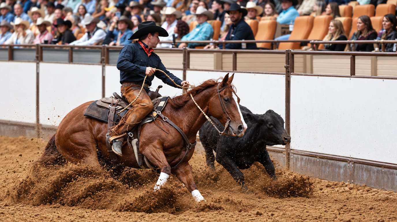 Un jinete con sombrero negro gira con fuerza a un caballo alazán junto a la cerca del ruedo, levantando tierra mientras sigue a una vaca negra ante el público.
