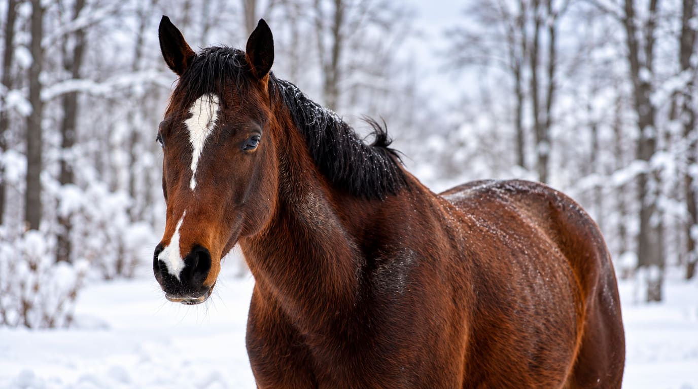 Un caballo bayo con lucero blanco y crin negra está de pie en un bosque nevado, mirando hacia la cámara con las orejas atentas.