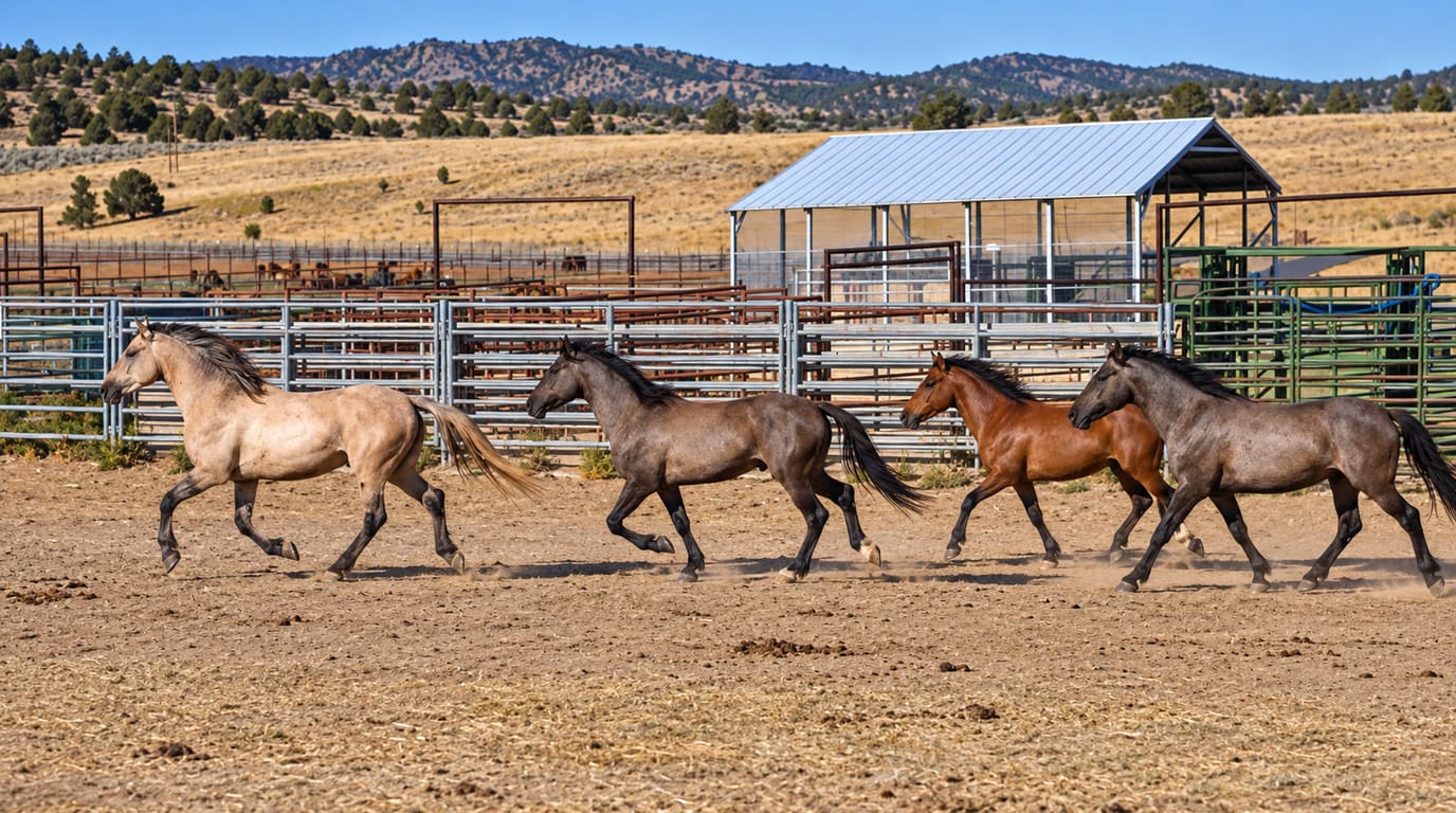 Four wild horses, a buckskin, two grullos and a bay, trot across a dirt holding pen past metal corral panels, with dry Oregon hills behind.