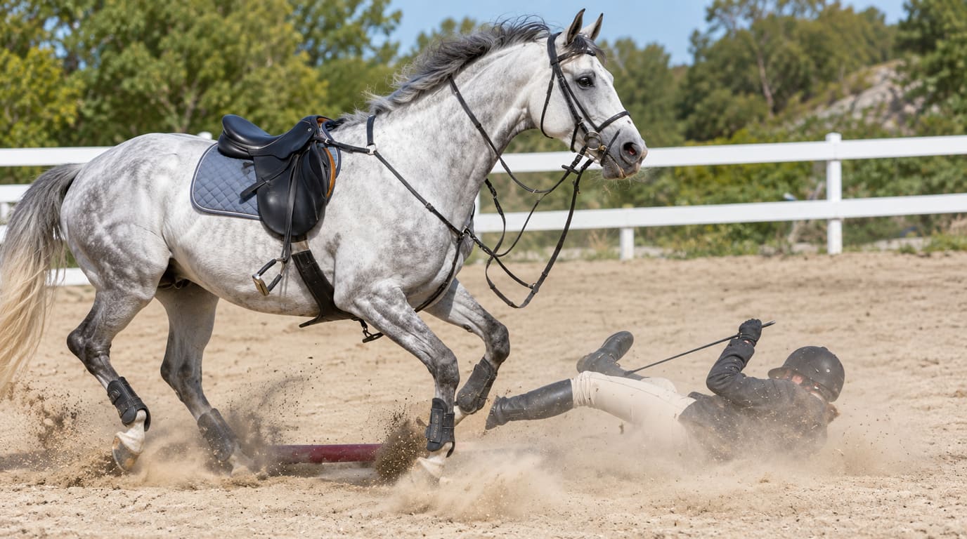A dapple-gray horse gallops past a ground pole in a sandy arena as its helmeted rider falls into the dust, still holding a riding crop.