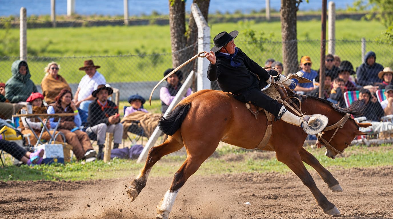 Gaucho in a black hat and poncho leans back on a bucking chestnut horse in a dirt ring as spectators watch from behind a wire fence.