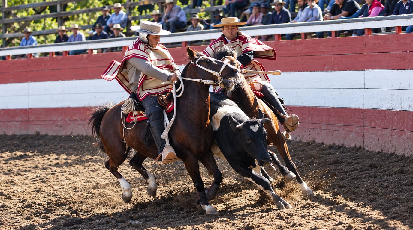 Dos huasos con mantas a rayas y sombreros de ala plana montan un caballo mulato y uno alazán y atajan un novillo blanco y negro contra la quincha roja de la medialuna.