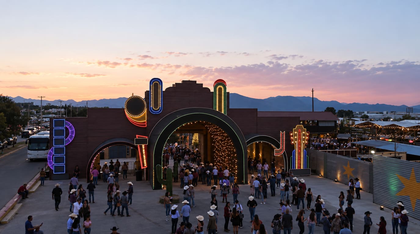 Crowds in cowboy hats gather at dusk before a glowing neon-lit arched gateway at the rodeo grounds, with mountains and a pink sky behind.