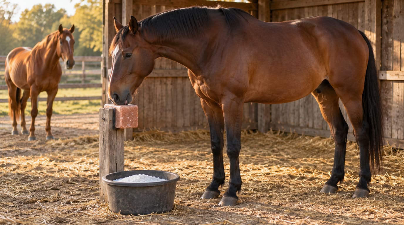 Un caballo castaño oscuro baja el hocico para lamer un bloque de sal rojizo en un poste, junto a un balde con sal suelta, mientras otro caballo alazán observa al fondo.