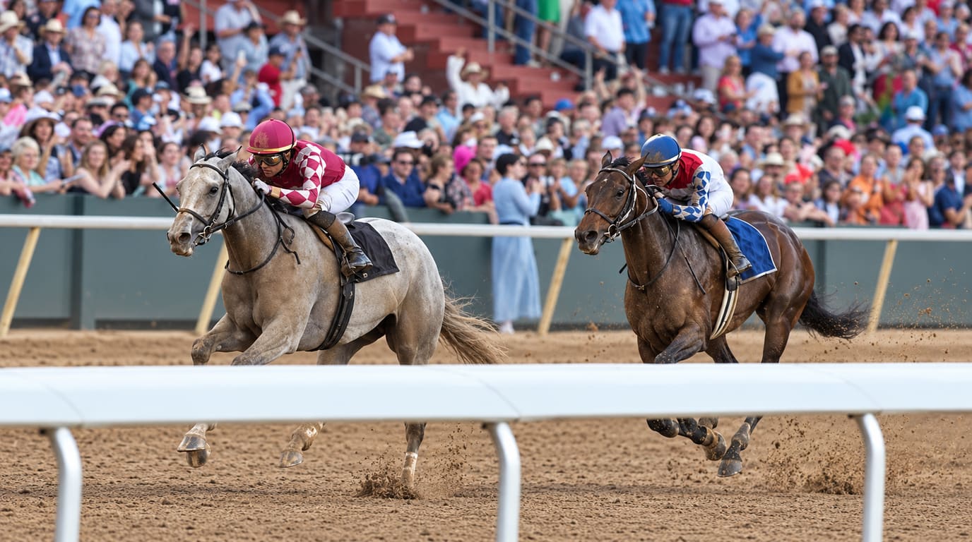 A gray racehorse and a bay racehorse gallop down a dirt track past a packed grandstand, their jockeys crouched low in silks.
