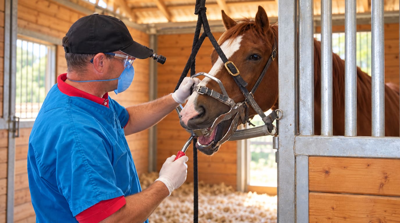 A veterinarian in blue scrubs, gloves and a mask files the teeth of a chestnut horse held open by a metal dental speculum in a barn.