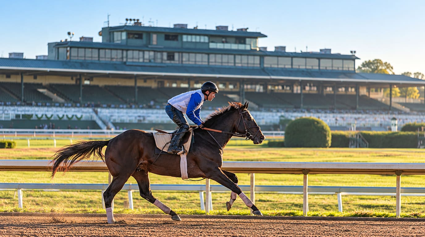 Exercise rider in a blue and white jacket gallops a dark bay racehorse along the dirt track rail in front of the Keeneland grandstand on a sunny morning