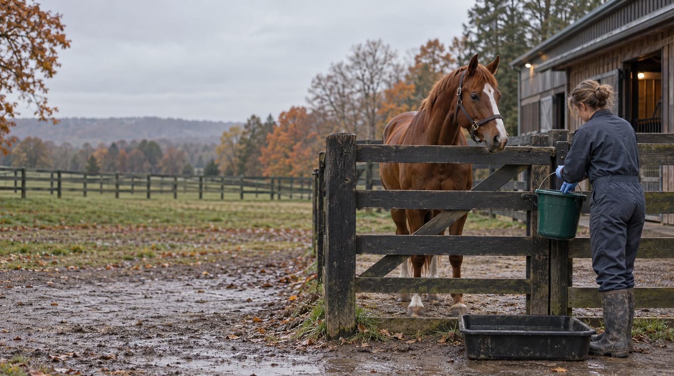 A caretaker in gloves and coveralls refills a dedicated water bucket for a healthy chestnut horse in a quarantine paddock, with a boot-dip tray at the gate.