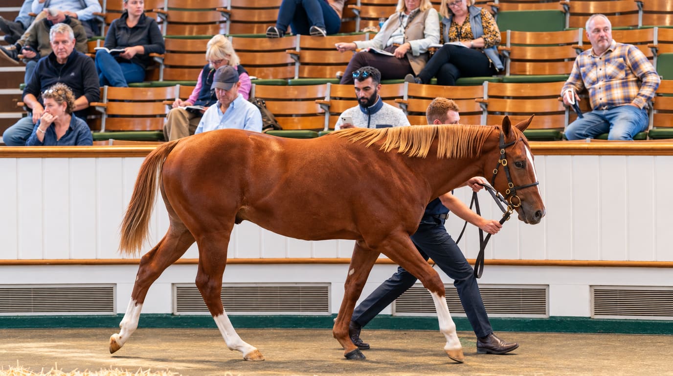A handler leads a chestnut yearling with a flaxen mane and white socks around the sale ring as buyers watch from wooden tiered seats.