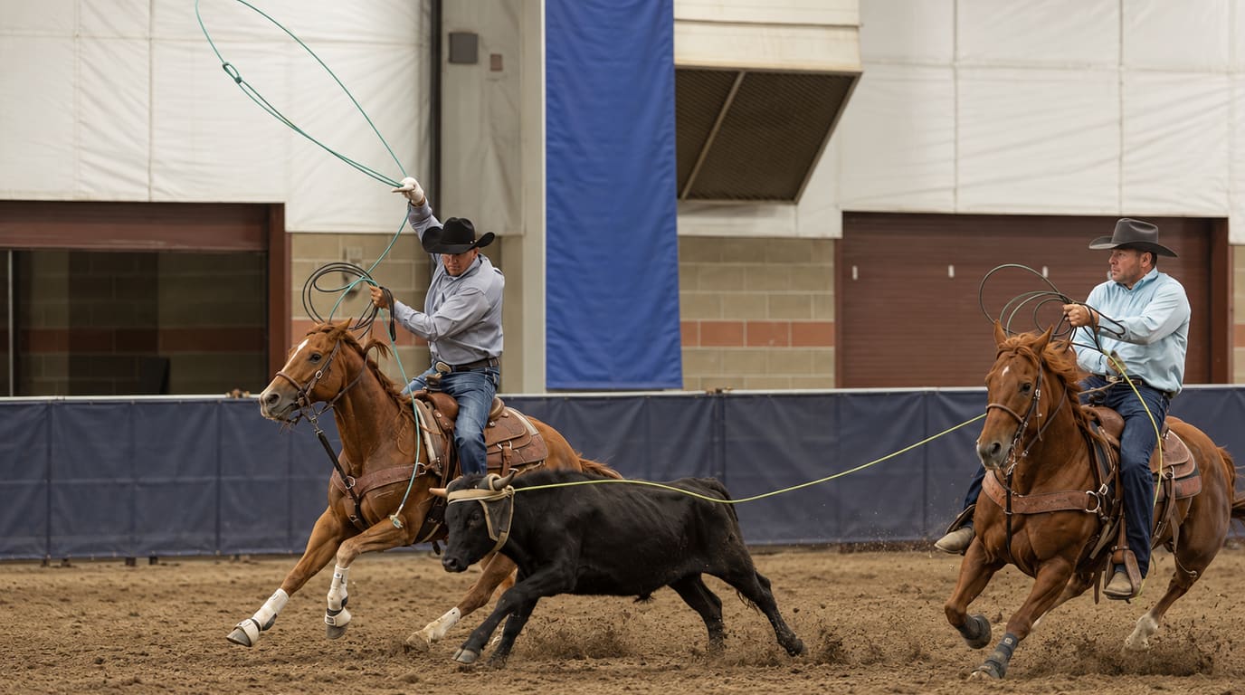 Two ropers in cowboy hats chase a black steer across an indoor dirt arena, the header swinging his loop overhead as the heeler follows.