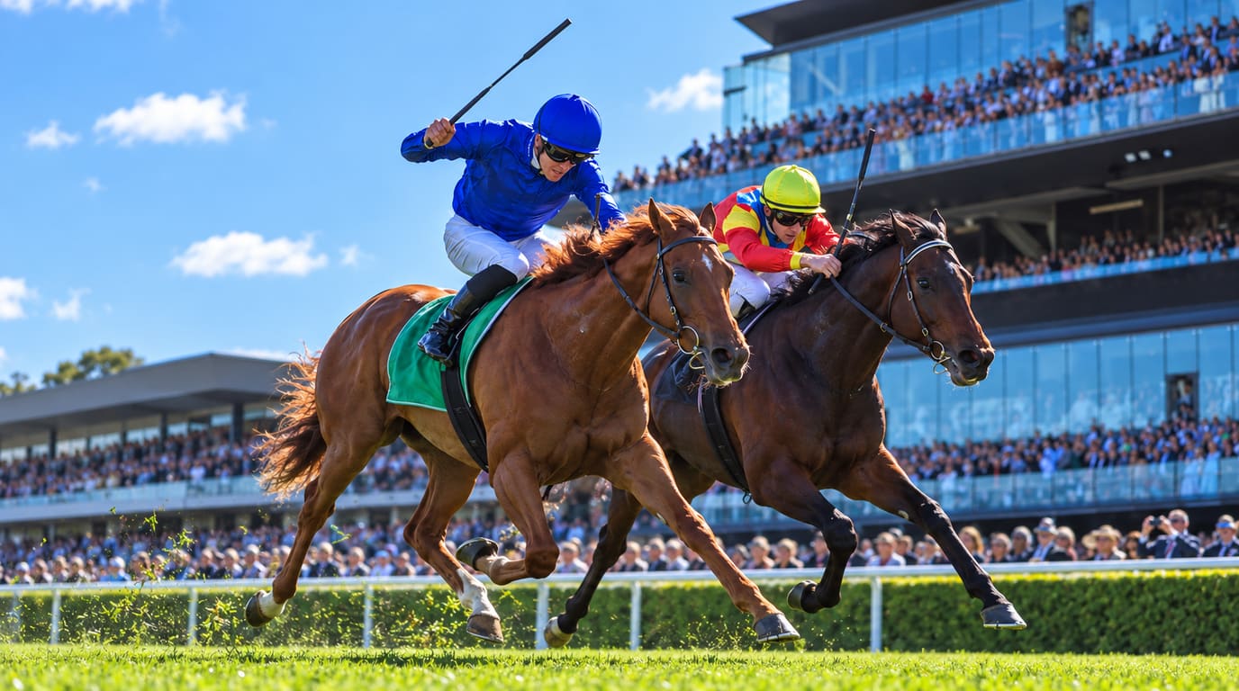 A chestnut racehorse ridden by a jockey in royal blue silks edges ahead of a dark bay rival at full gallop before a packed grandstand.