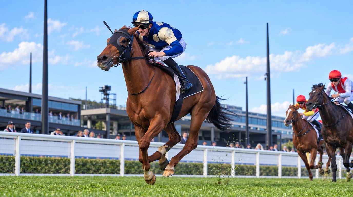 A chestnut racehorse in a black hood gallops on turf with its jockey in blue and gold silks, two rival horses chasing near the white rail.