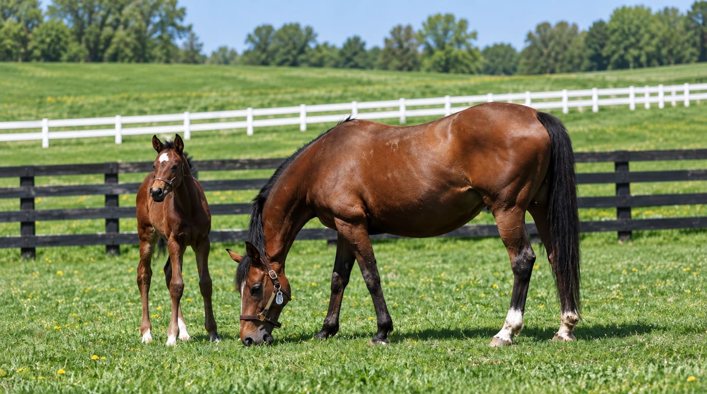A bay Thoroughbred mare grazes in a green Kentucky-style pasture beside her young foal, with black and white board fences behind them.