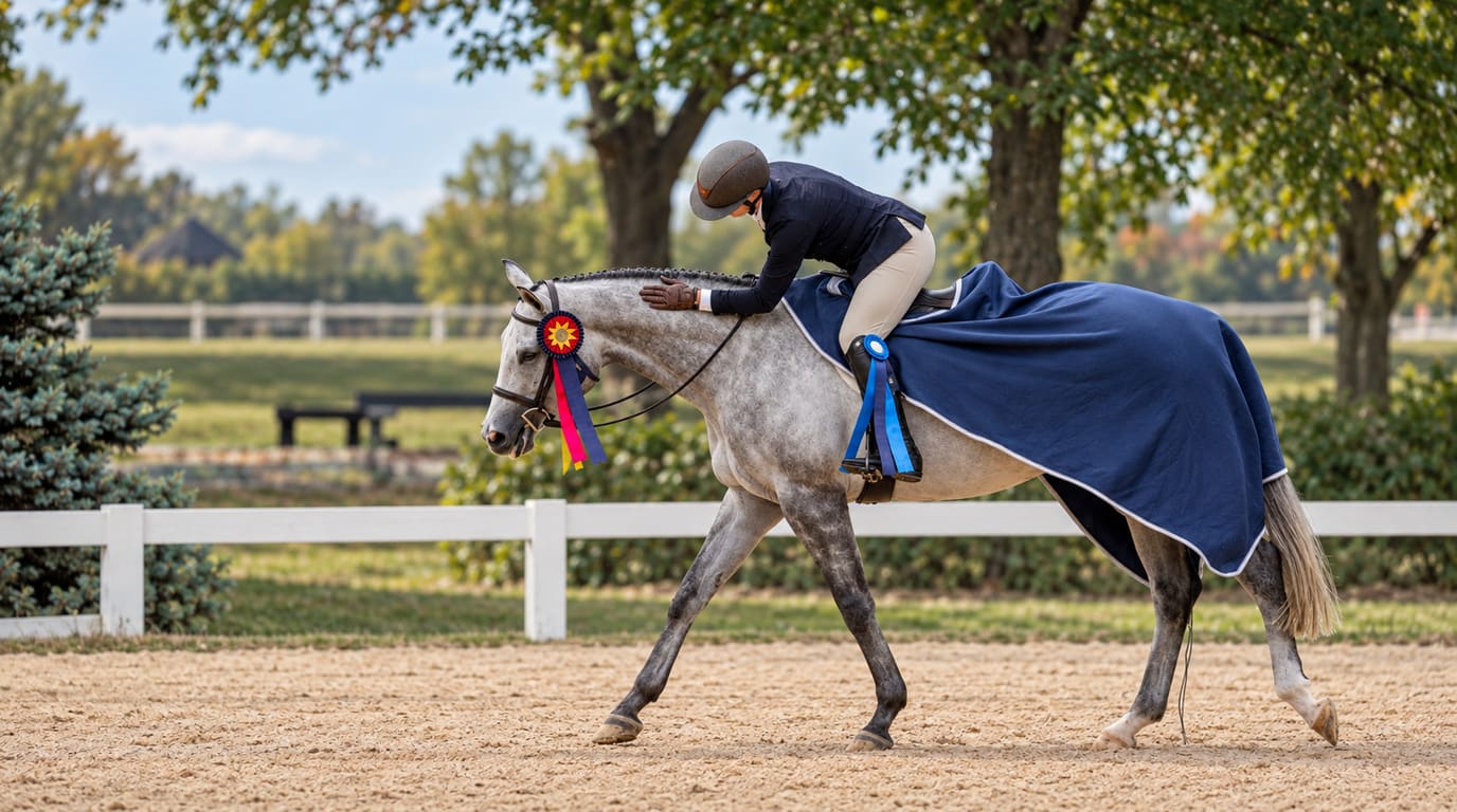 A rider leans forward to pat a dapple-gray horse wearing a champion rosette and navy cooler as it walks across a sand show arena.