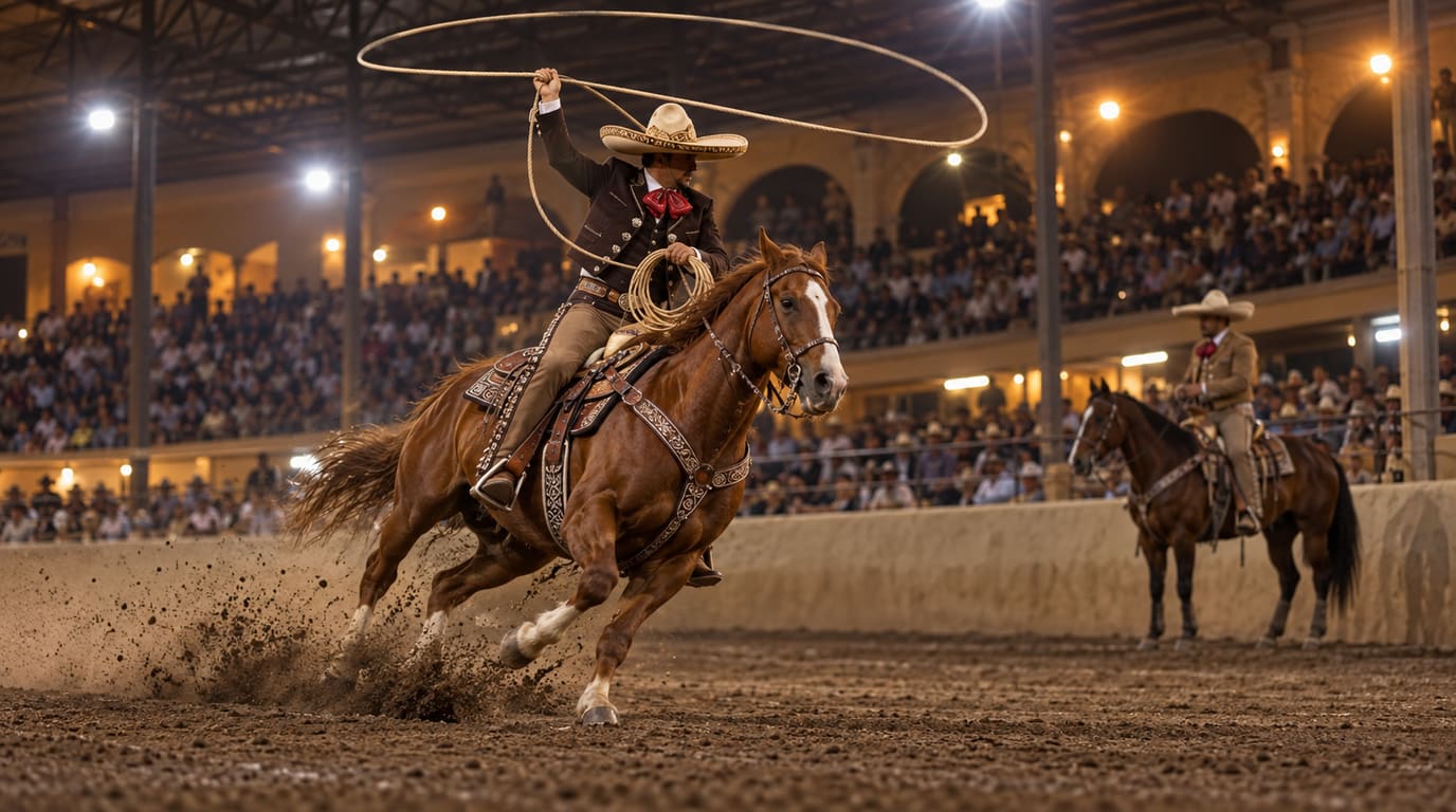 A charro in a wide sombrero swings a lariat while galloping a sorrel quarter horse across a floodlit arena at night as a second rider waits by the wall.