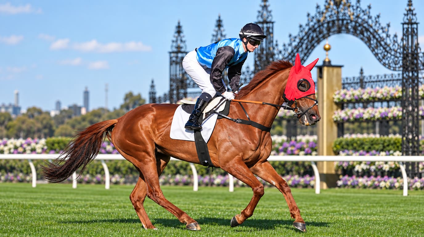 A chestnut racehorse in a red hood and a jockey in blue silks canter on the turf before the ornate black gates at Flemington.