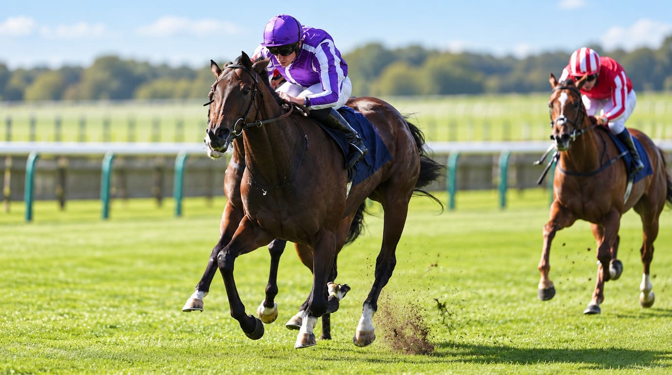 A jockey in purple and white silks rides a bay racehorse along a grass track, with a chestnut ridden by a jockey in red and white chasing behind.