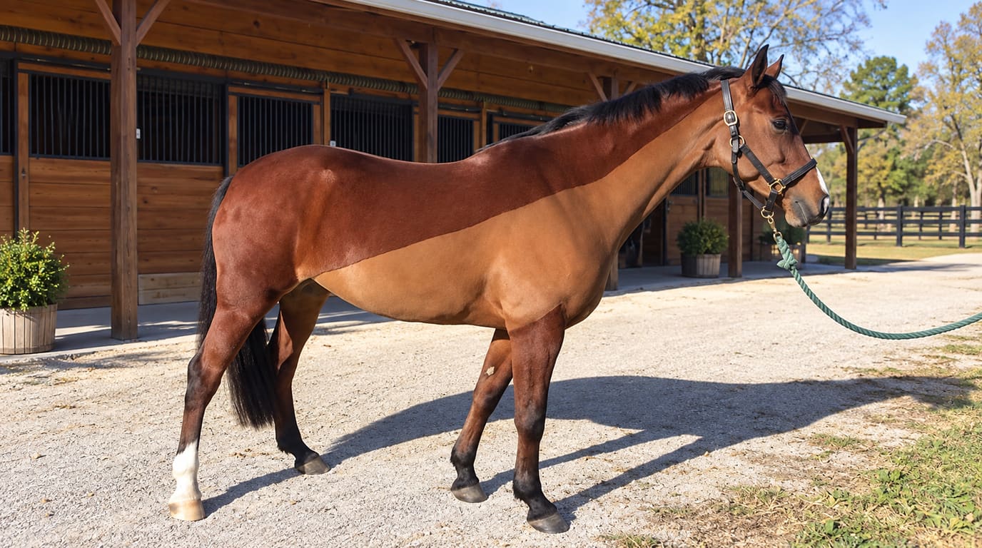 A bay horse with a high trace clip, darker coat on top and shorter, lighter hair below, stands on a gravel yard outside a wooden stable.