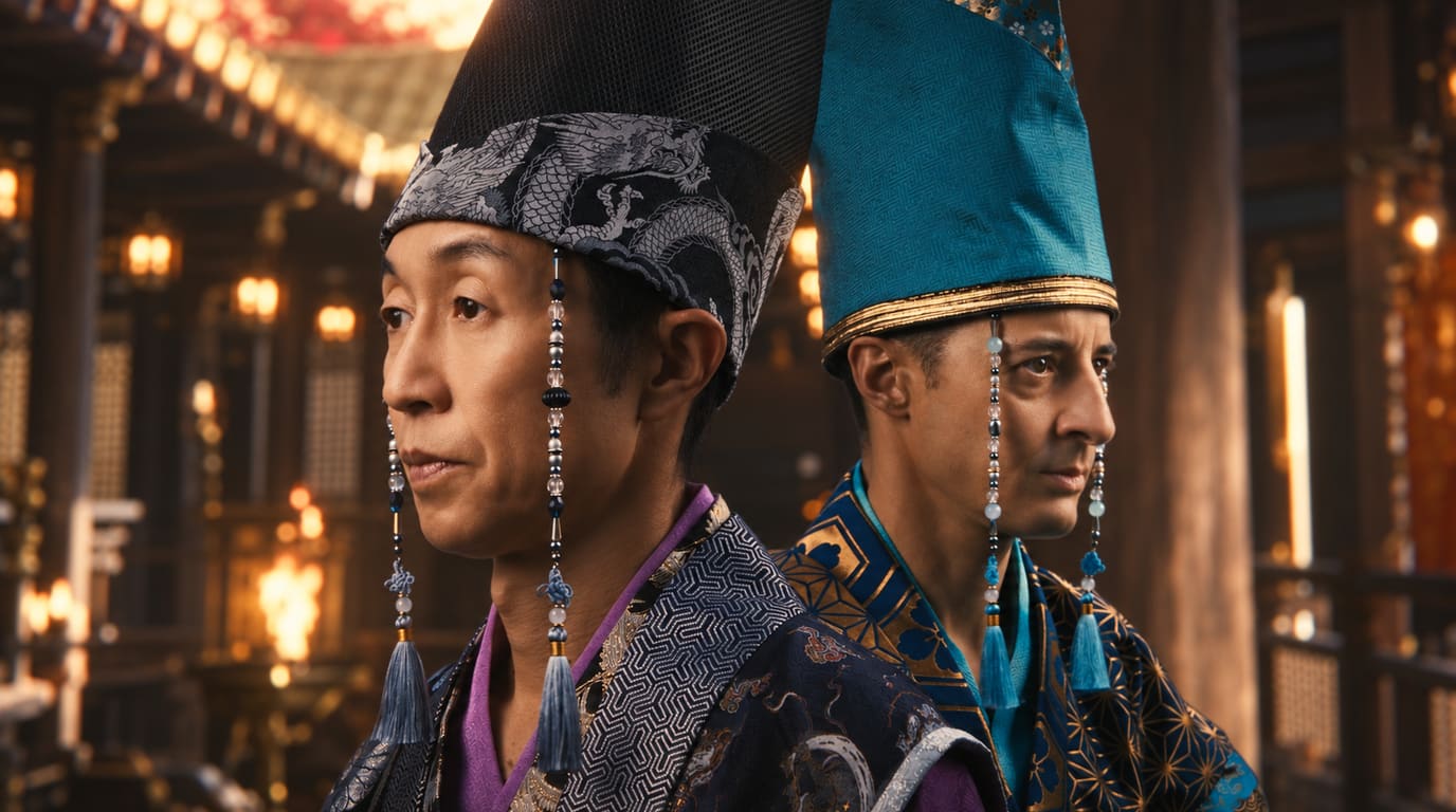 Two men in ornate Japanese court robes and tall beaded hats, one in black and purple, one in teal, stand back to back in a lantern-lit hall.