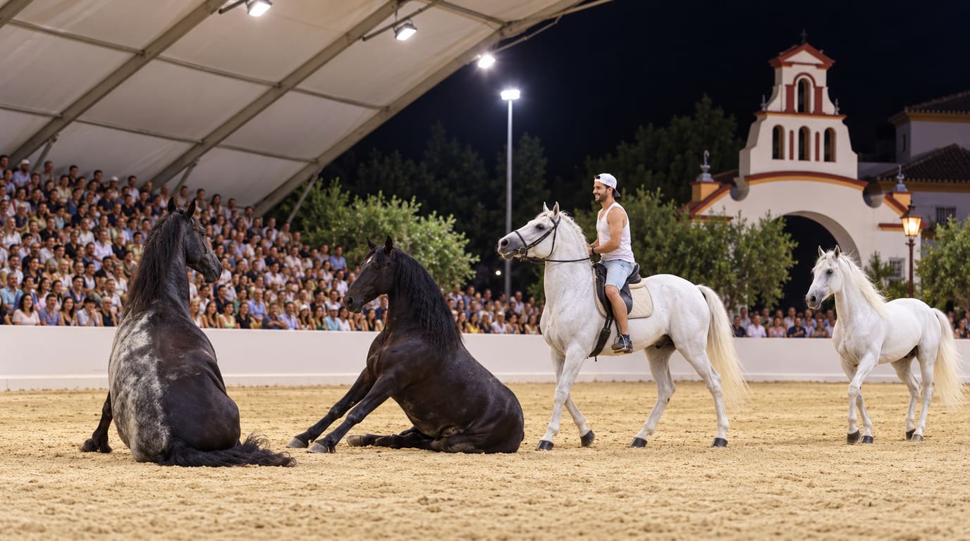 A rider in a white tank top and cap on a grey horse in a lit sand arena, beside two dark horses sitting and a white horse, before a packed crowd.